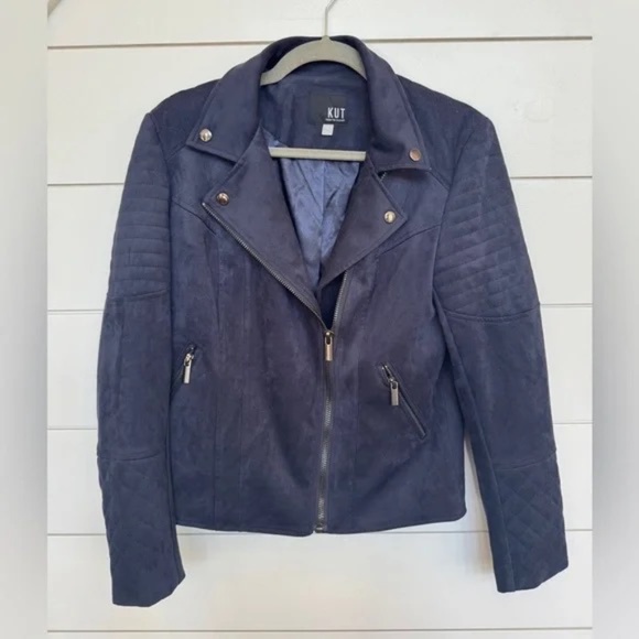 KUT faux suede moto jacket navy L - Picture 3 of 3